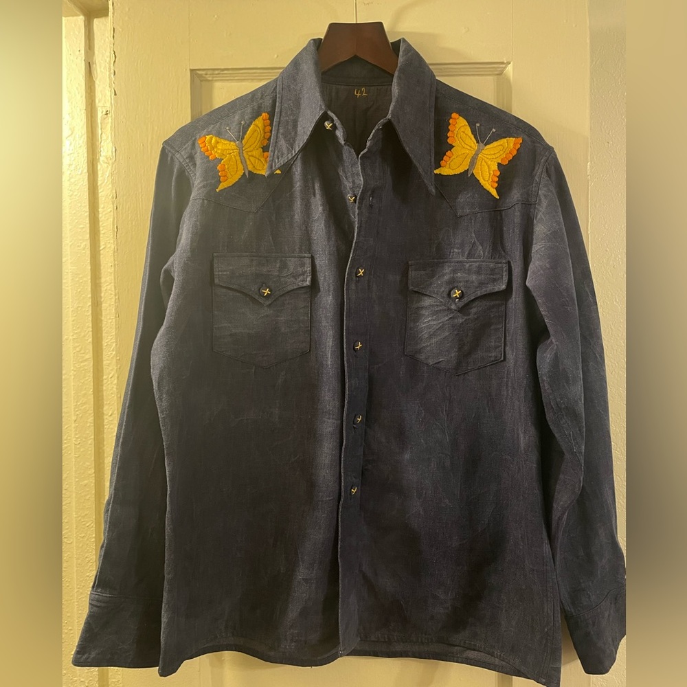 Denim 70s style embroidered shirt